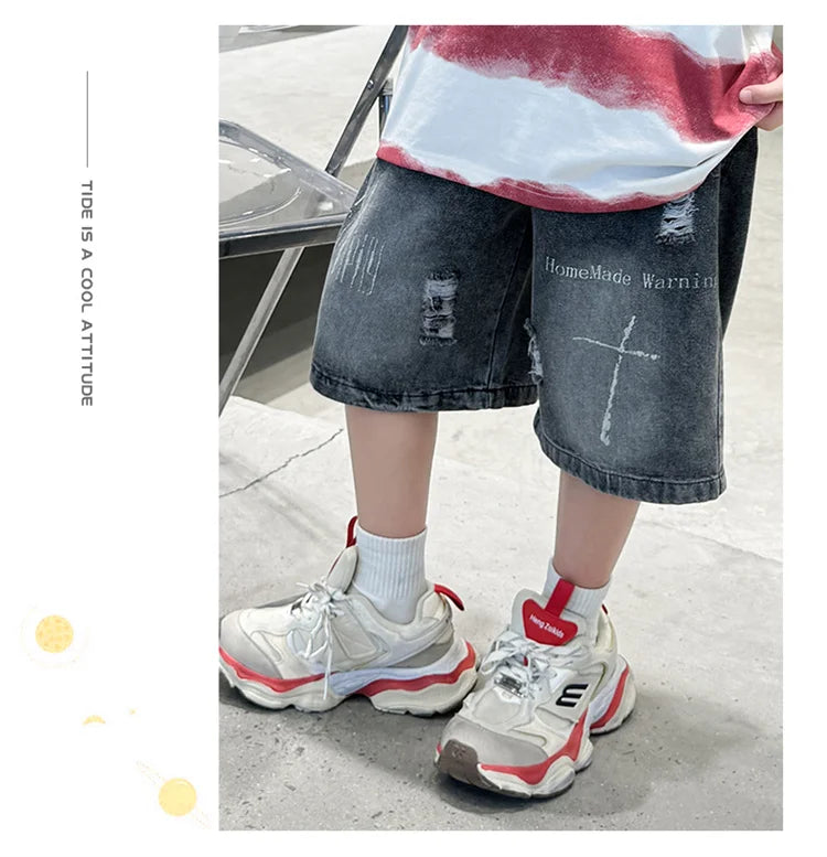 M&T Wear - Boys’ Black Ripped Loose Fit Denim Shorts