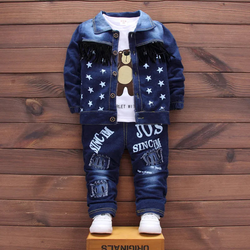 M&T Wear - Kids New Denim Jacket Boys Coat Toddler Sport Clothes Suit Clothing Set Cotton Jeans Coat T-shirt Pants Star Tracksuit Children - M&T Wear