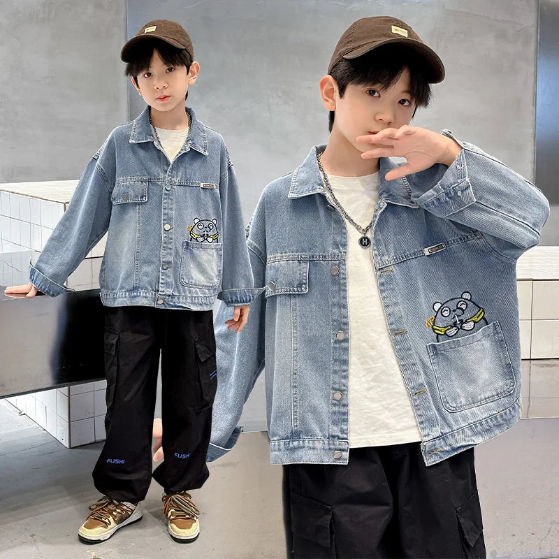 M&T Wear - Kids Denim Jacket Boys Jeans Coat Clothing Fashion Baby Boy Denim Jacket With Cartoon Embroidery Child Casual Streetwear Outfit - M&T Wear