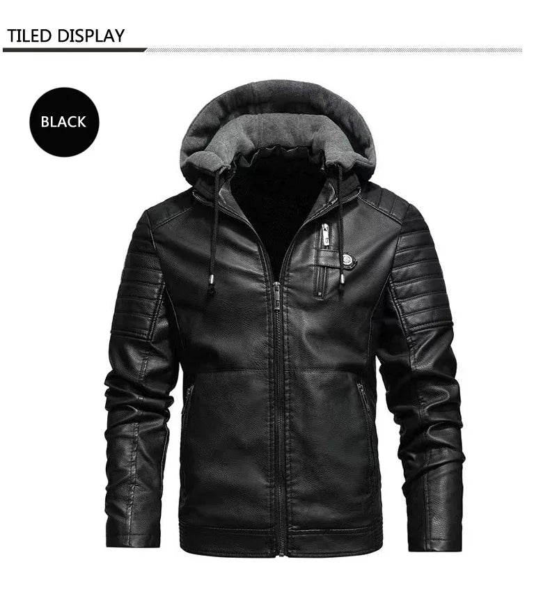 M&T Wear - Faux Leather Jacket Men Fashion Men's Hooded Jackets Autumn Winter Military Style Outwear Zipper Pockets Coat Detachable Hat - M&T Wear