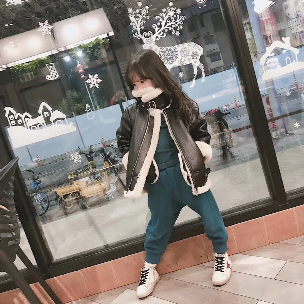 M&T Wear - Girls Jacket Leather Motorcycle Kids Coats Fleece Children Jacket Winter Autumn - M&T Wear