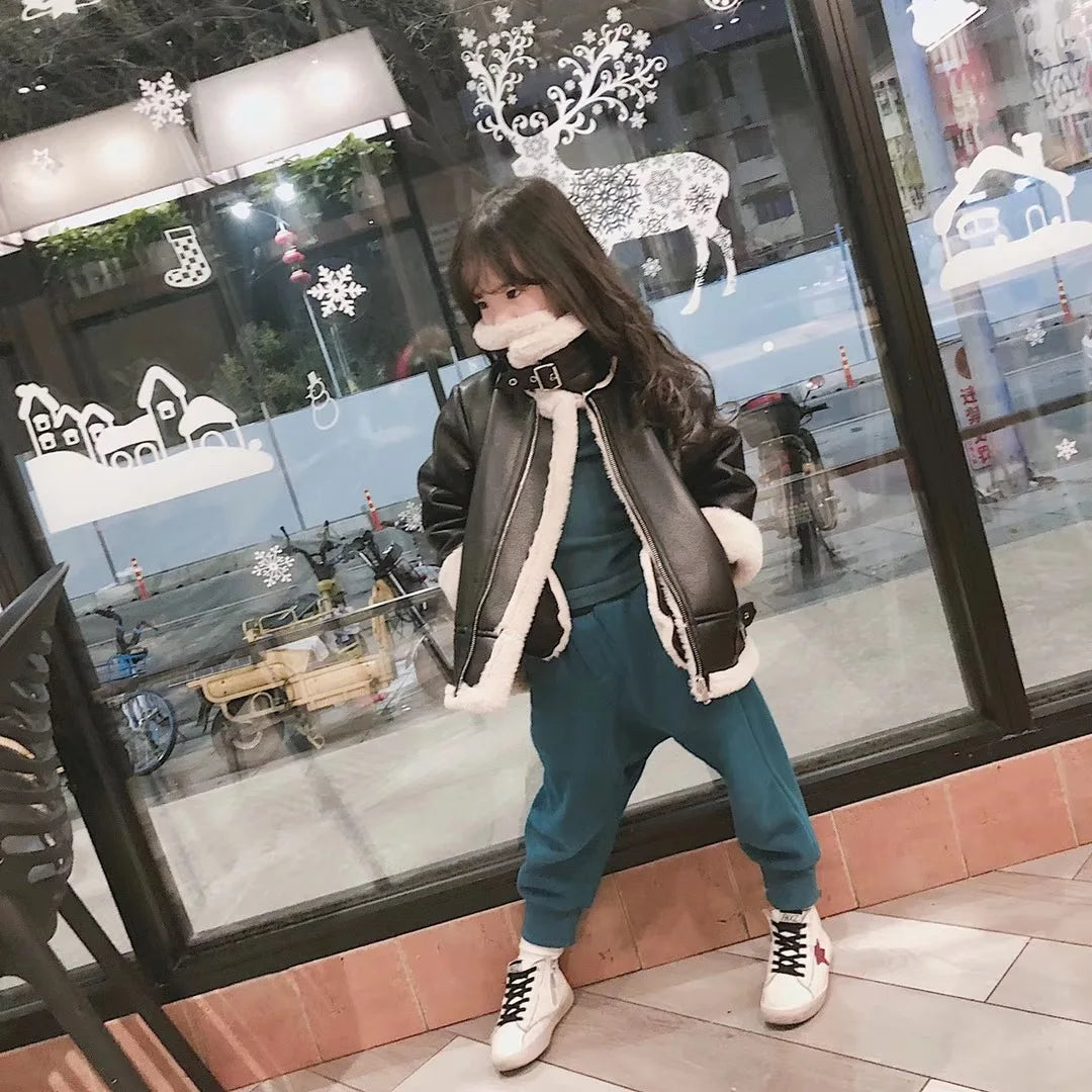 M&T Wear - Girls Jacket Leather Motorcycle Kids Coats Fleece Children Jacket Winter Autumn - M&T Wear