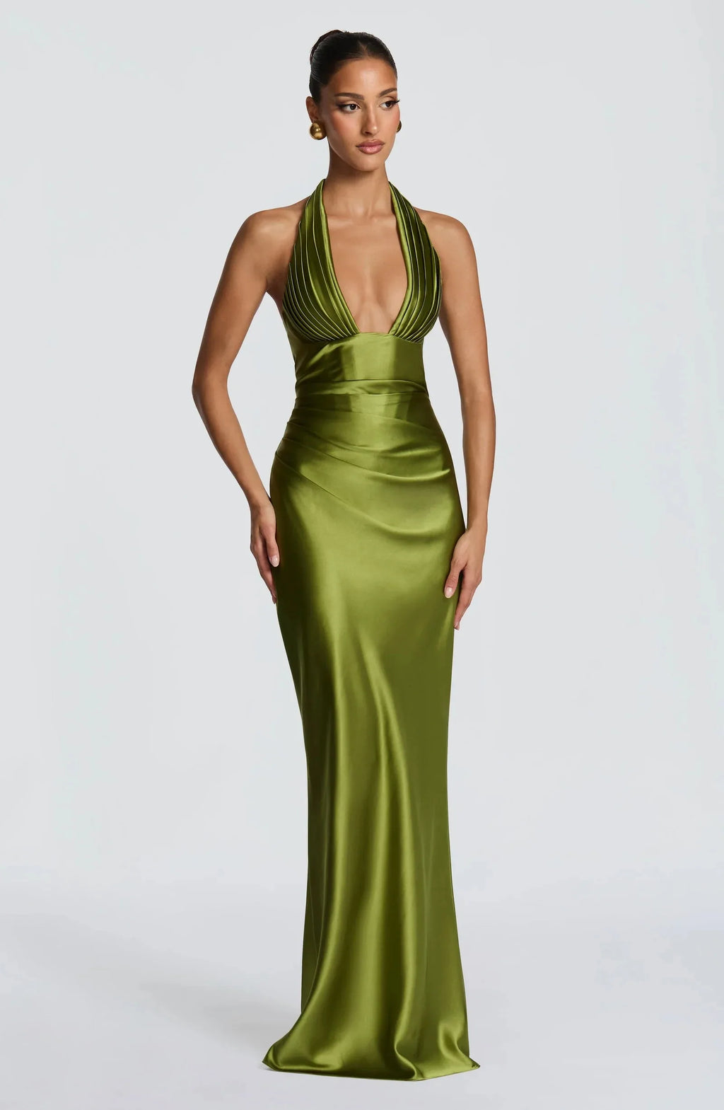 Olive Green Satin Formal Evening Dress