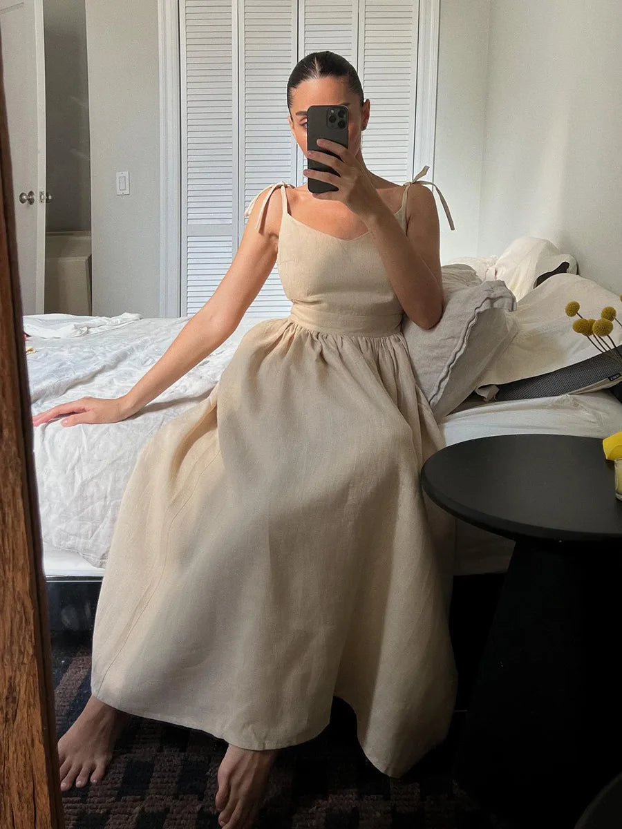 Elegant Backless A-Line Linen-Look Dress