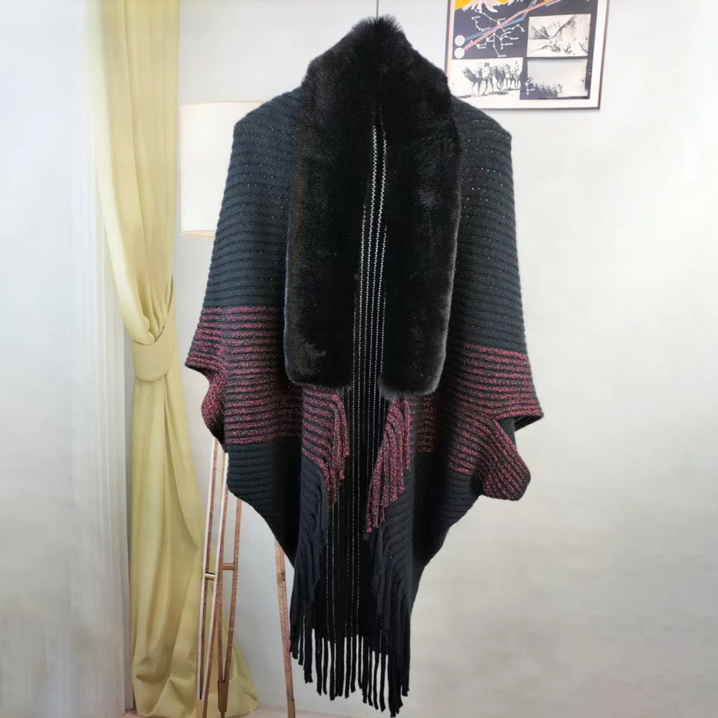 M&T Wear - Winter Hot Selling Women's Fur Collar Shawl Premium Quality Heavy Thick Knitting Shawl Luxury Designers Scarf Tassels Stoles - M&T Wear