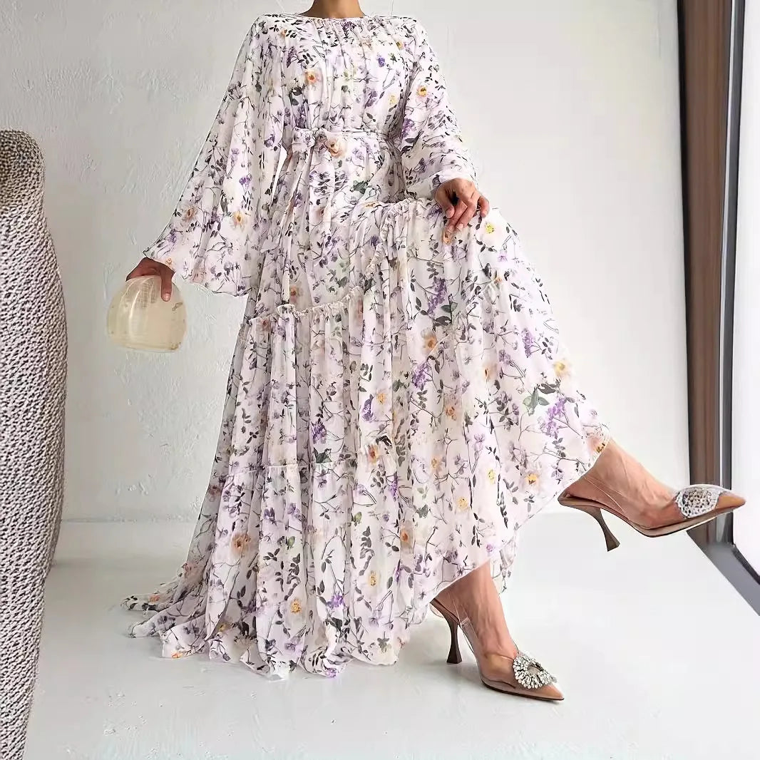 M&T Wear -  Floral Chiffon Abaya plus Dress with Belt