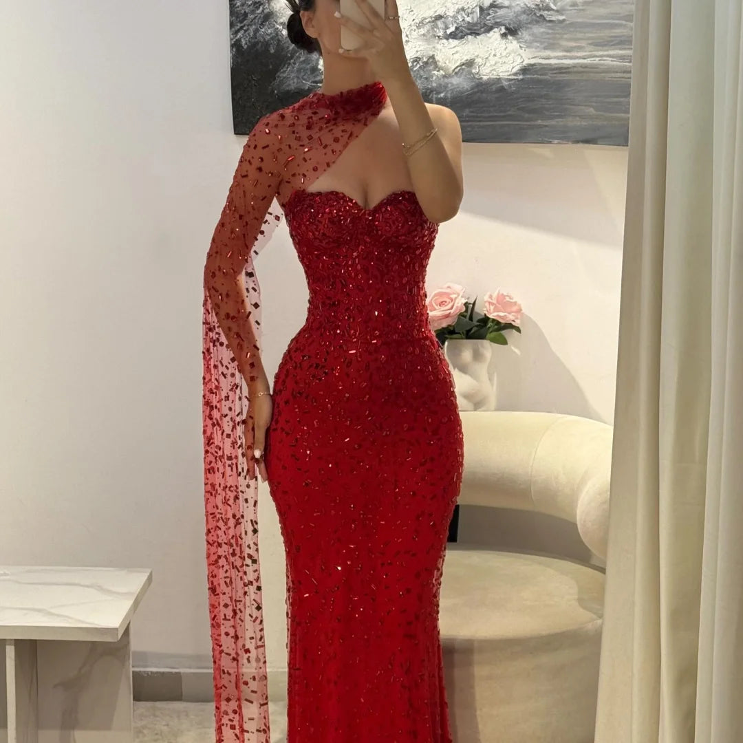 M&T Wear - Sansa Customized Red Mermaid Glitter Strapless Prom Dresses Floor - M&T Wear