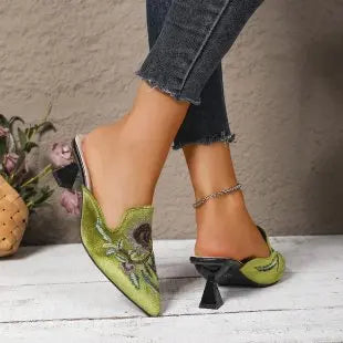 M&T Wear - Elegant Embroidered Square Toe High Heel Slides