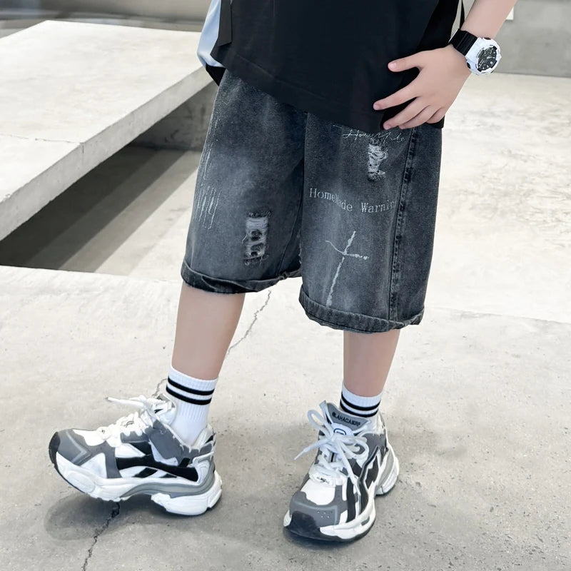 M&T Wear - Boys’ Black Ripped Loose Fit Denim Shorts