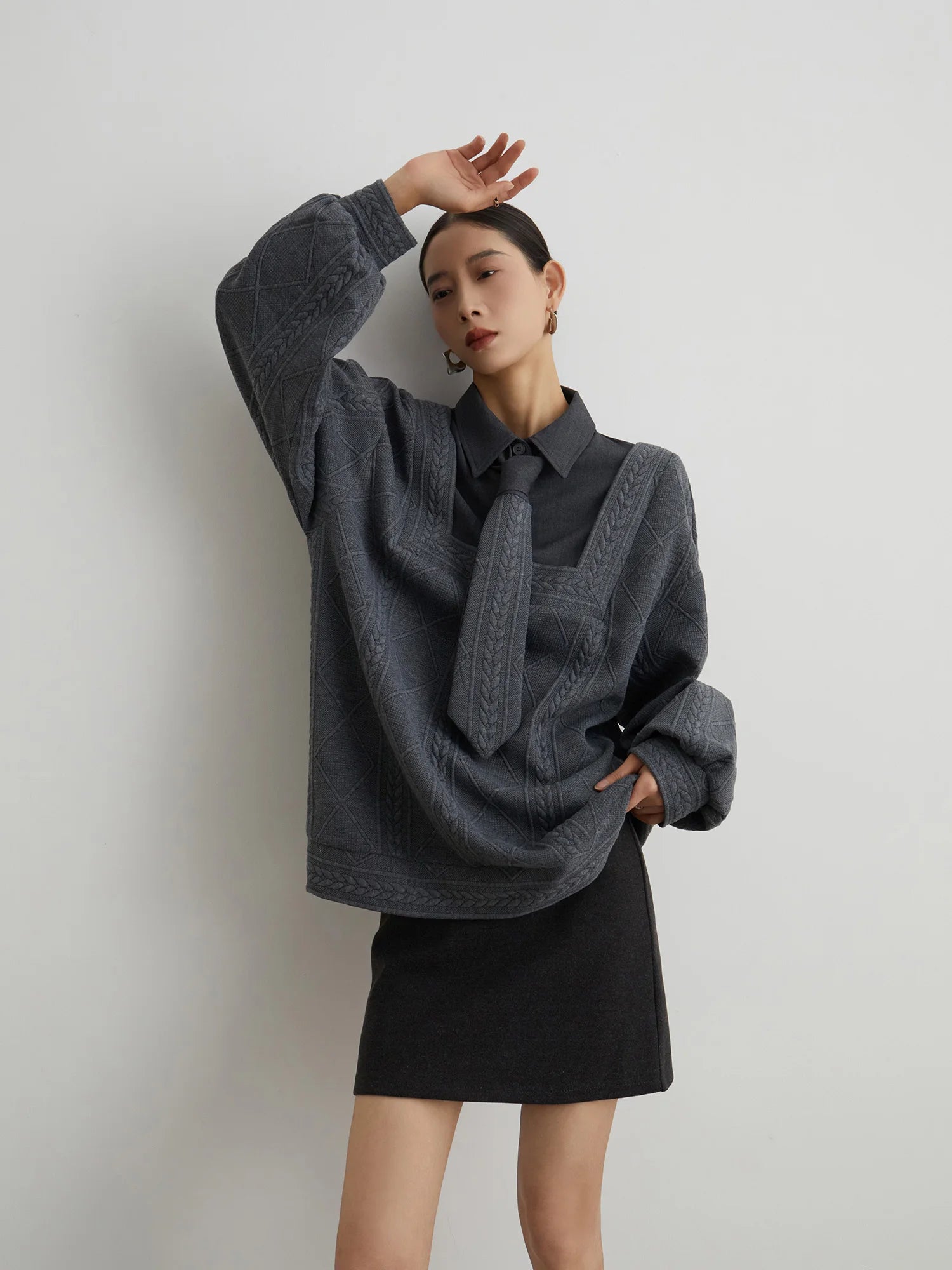 Gray Fake Two-Piece Polo Sweater