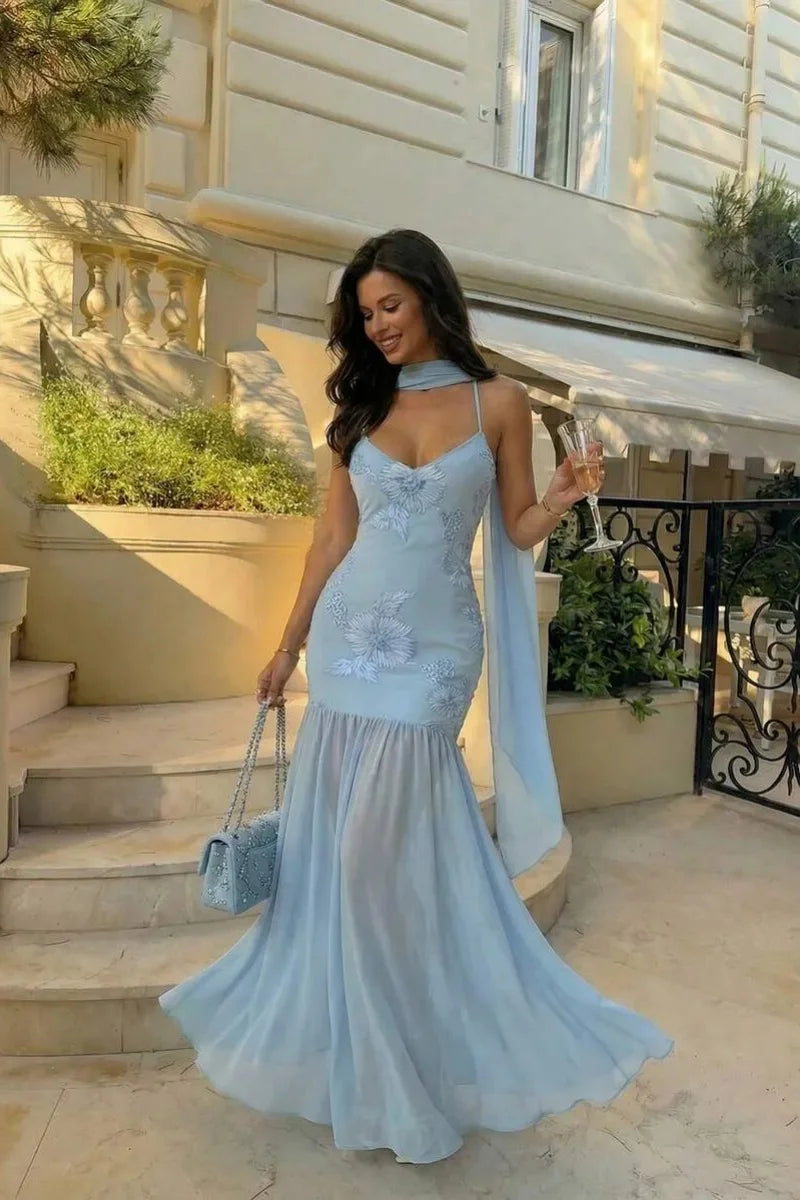 Sky Blue Floral Embroidered Evening Gown