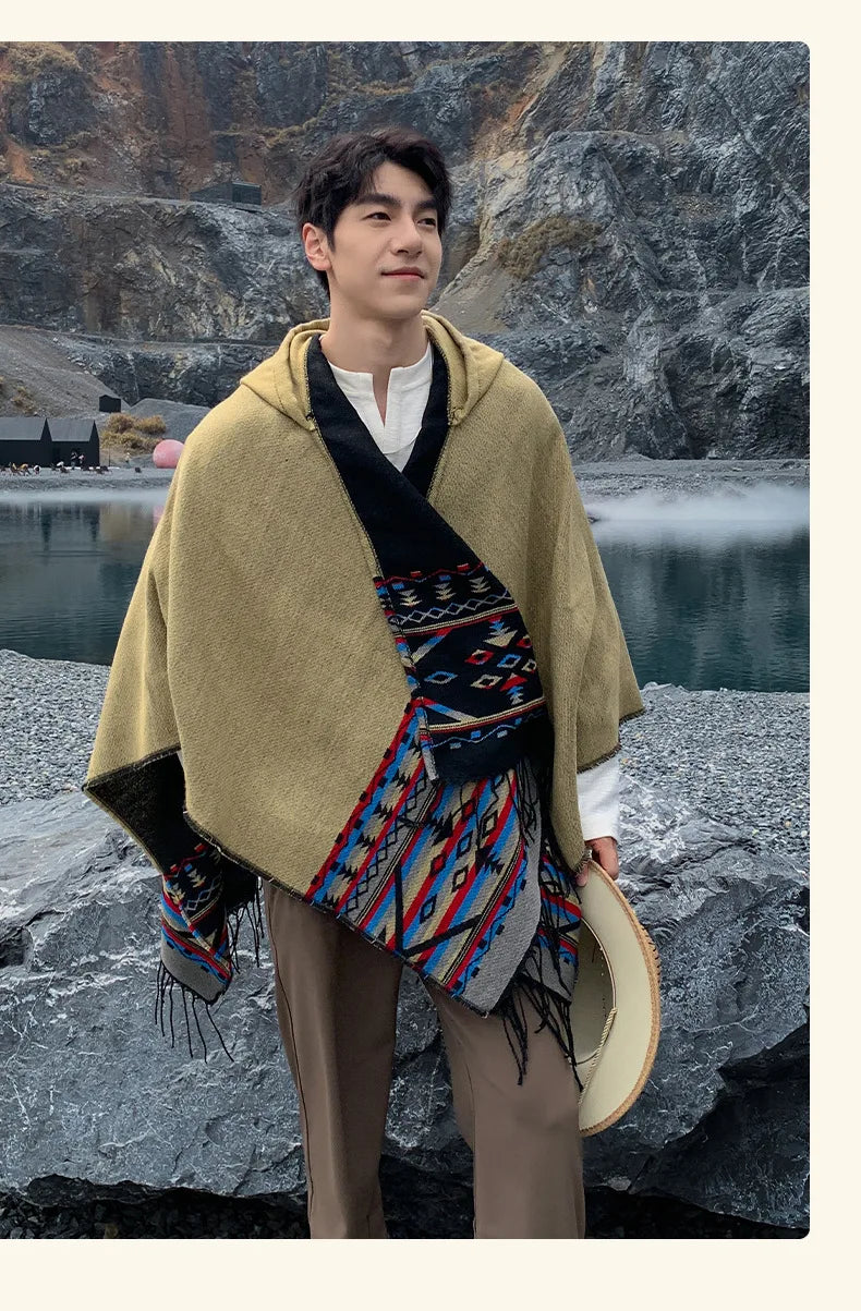 M&T Wear - Winter New Bohemian Shawl Men Ponchos Cashmere Blend Cape Coat Fringe Poncho Vintage Tassel Scarf Hooded Wraps Outwear - M&T Wear
