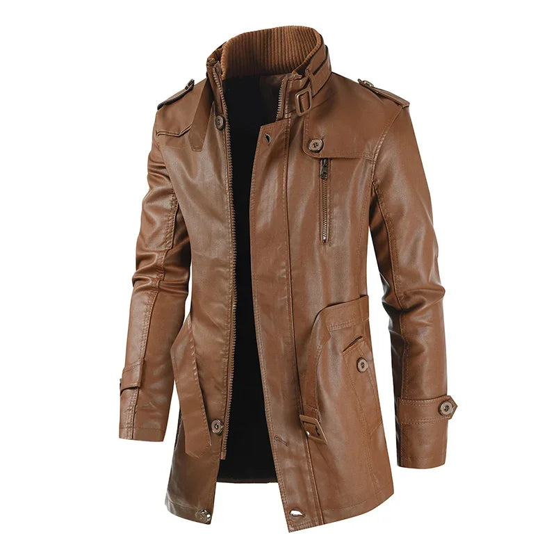 M&T Wear - Biker Jaqueta Winter Men's Thick Fleece Long Leather Jacket Coat mens Outwear Fashion Leather Warm Casual Vintage Jackets - M&T Wear