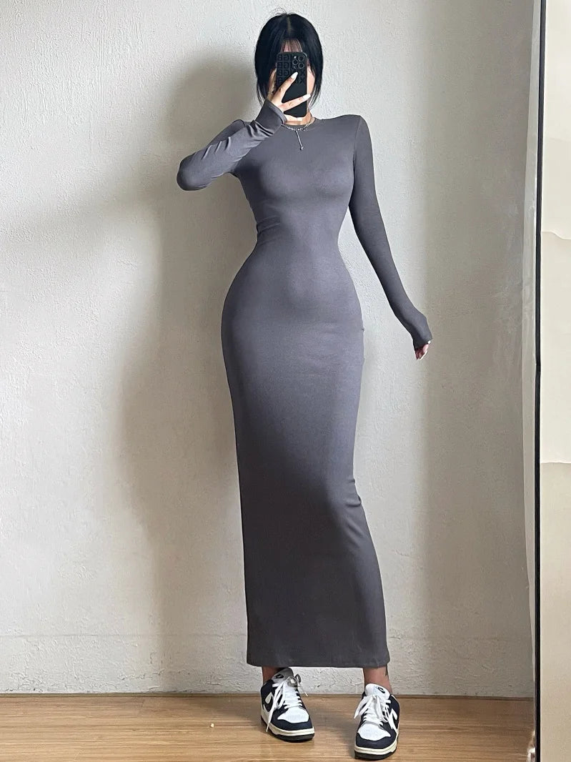 Simple Round-Neck Slim Maxi Dress