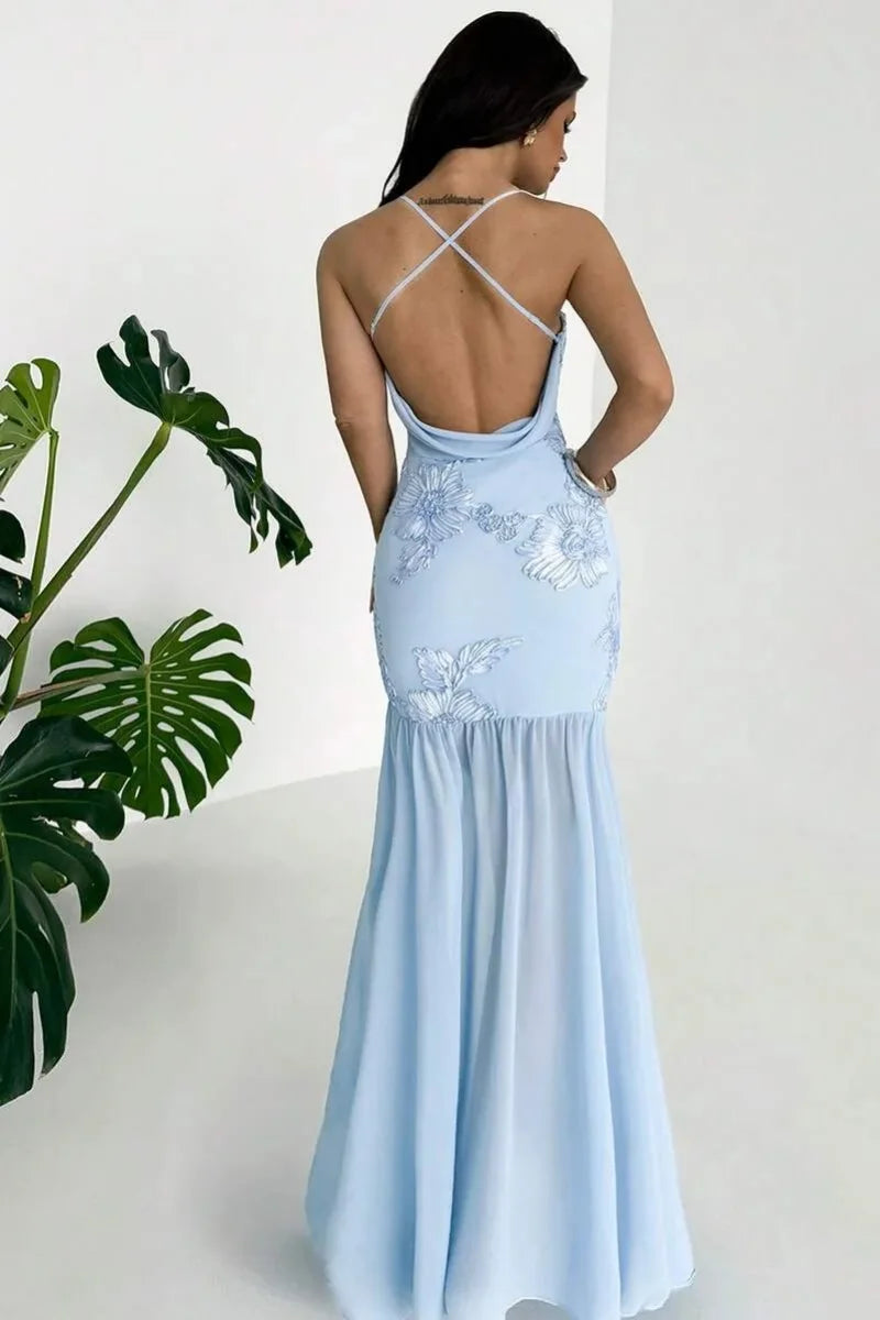 Sky Blue Floral Embroidered Evening Gown