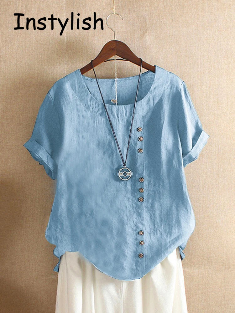Vintage Harajuku Cotton-Linen Button Tee