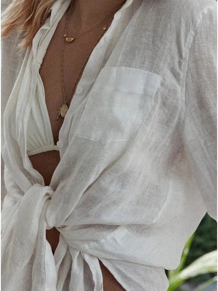 M&T Wear - Women's White Long Sleeve Button-Down Beach Dress