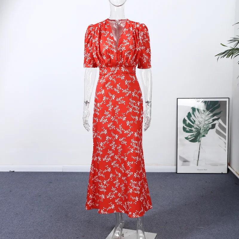 Vintage Polka Dot Puff-Sleeve Maxi Dress
