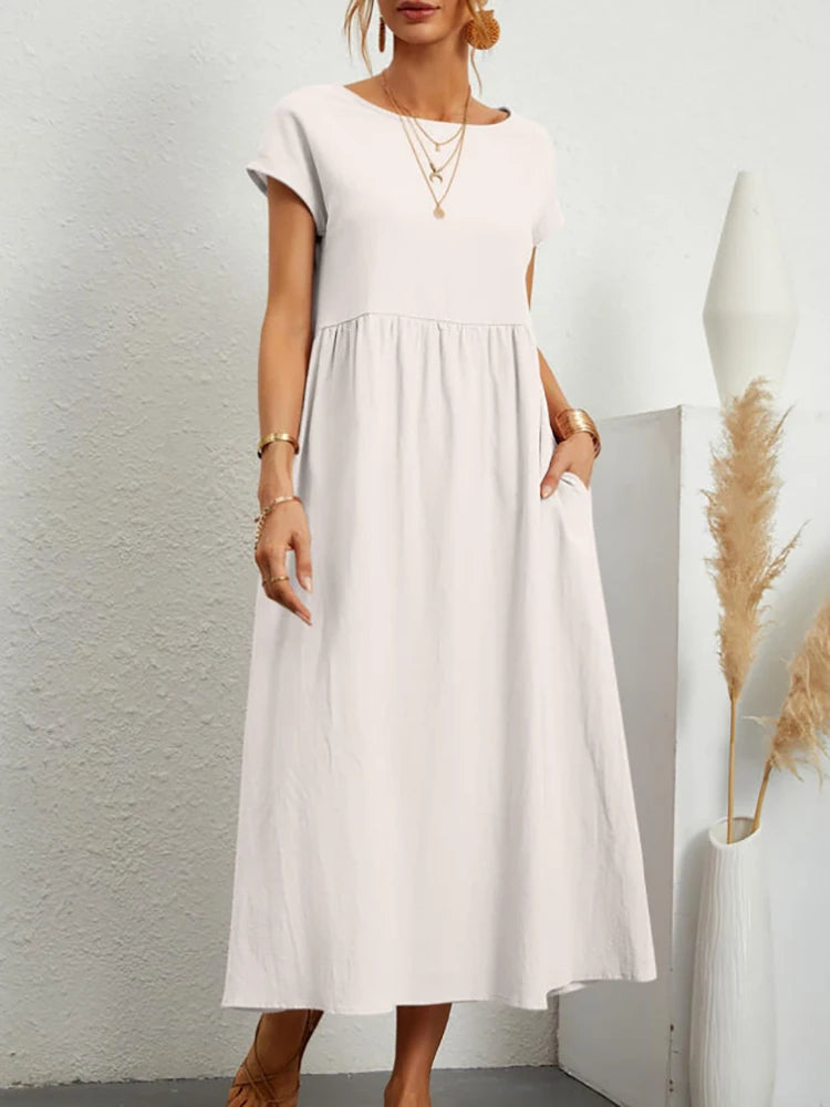 Elegant Solid Cotton-Linen Maxi Dress