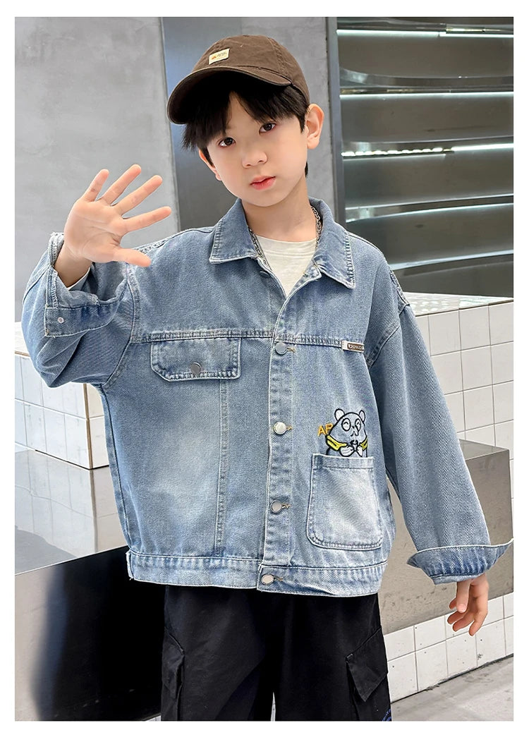 M&T Wear - Kids Denim Jacket Boys Jeans Coat Clothing Fashion Baby Boy Denim Jacket With Cartoon Embroidery Child Casual Streetwear Outfit - M&T Wear