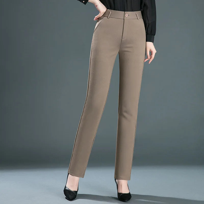 High-Waist Stretch Straight-Leg Casual Trousers