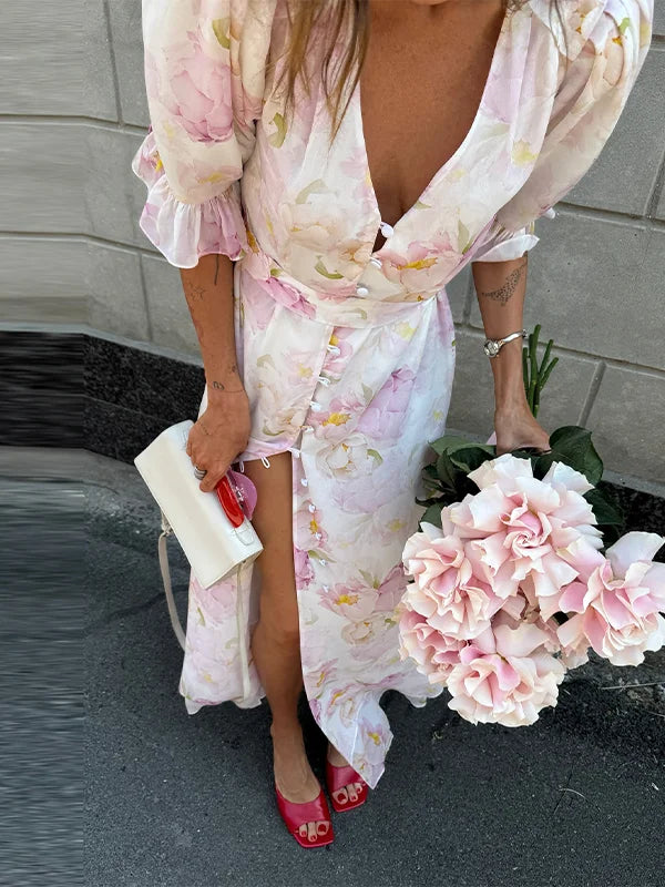 Vintage Polka Dot Puff-Sleeve Maxi Dress