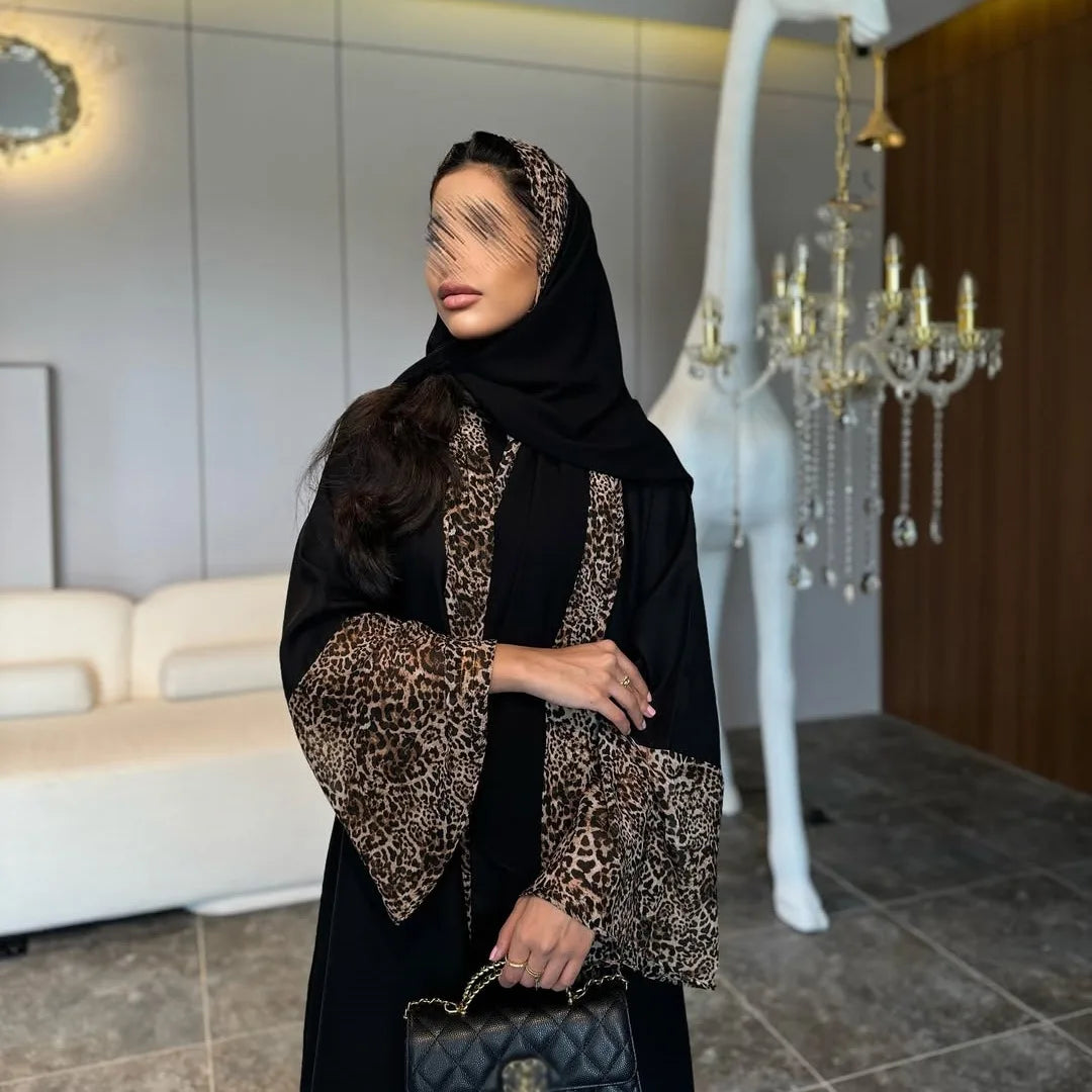 M&T Wear - Leopard Print Chiffon Open Abaya with Zipper