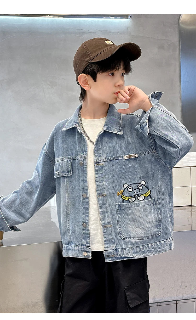 M&T Wear - Kids Denim Jacket Boys Jeans Coat Clothing Fashion Baby Boy Denim Jacket With Cartoon Embroidery Child Casual Streetwear Outfit - M&T Wear