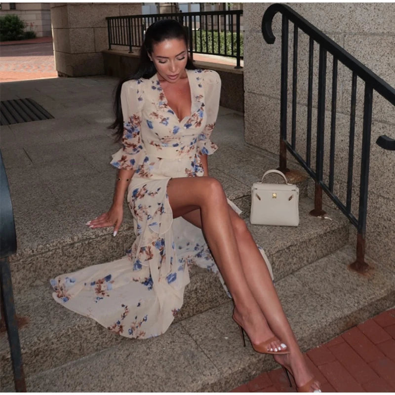 Vintage Polka Dot Puff-Sleeve Maxi Dress