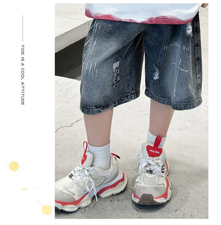 M&T Wear - Boys’ Black Ripped Loose Fit Denim Shorts