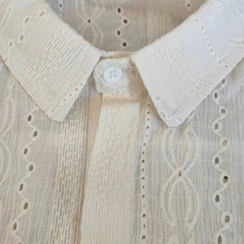 M&T Wear - Shirts for men Apricot Handsome Lapel Men Blouse Vacation Hollow Out Sexy Fashion Men Clothing Male Mesh Long-sleeved Shirts - M&T Wear