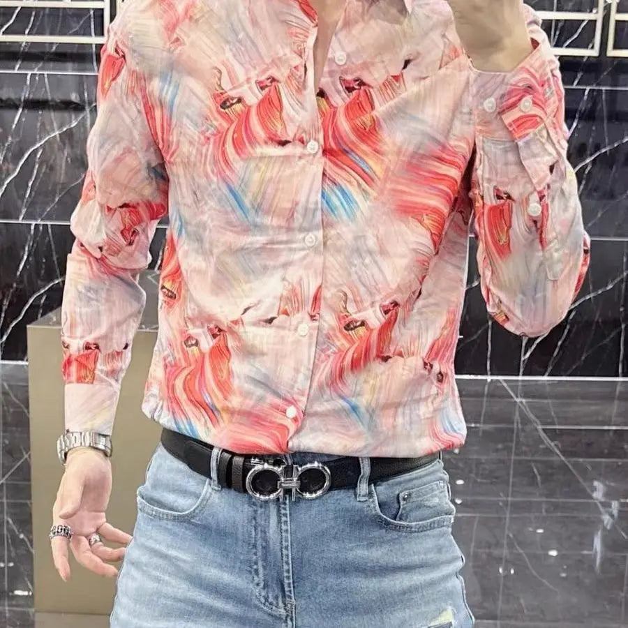 M&T Wear - Spring and Autumn High-end Long-sleeved Men's Fancy Shirt Micro-Stretched Slim Personalized Fashion Printed Shirt - M&T Wear