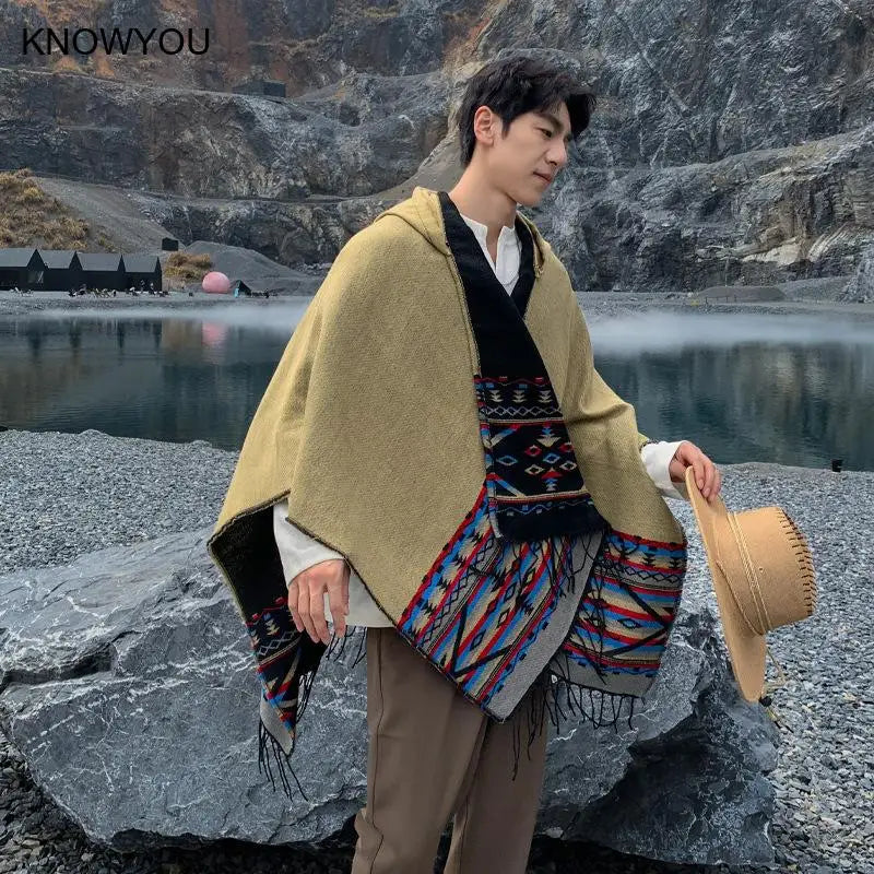 M&T Wear - Winter New Bohemian Shawl Men Ponchos Cashmere Blend Cape Coat Fringe Poncho Vintage Tassel Scarf Hooded Wraps Outwear - M&T Wear