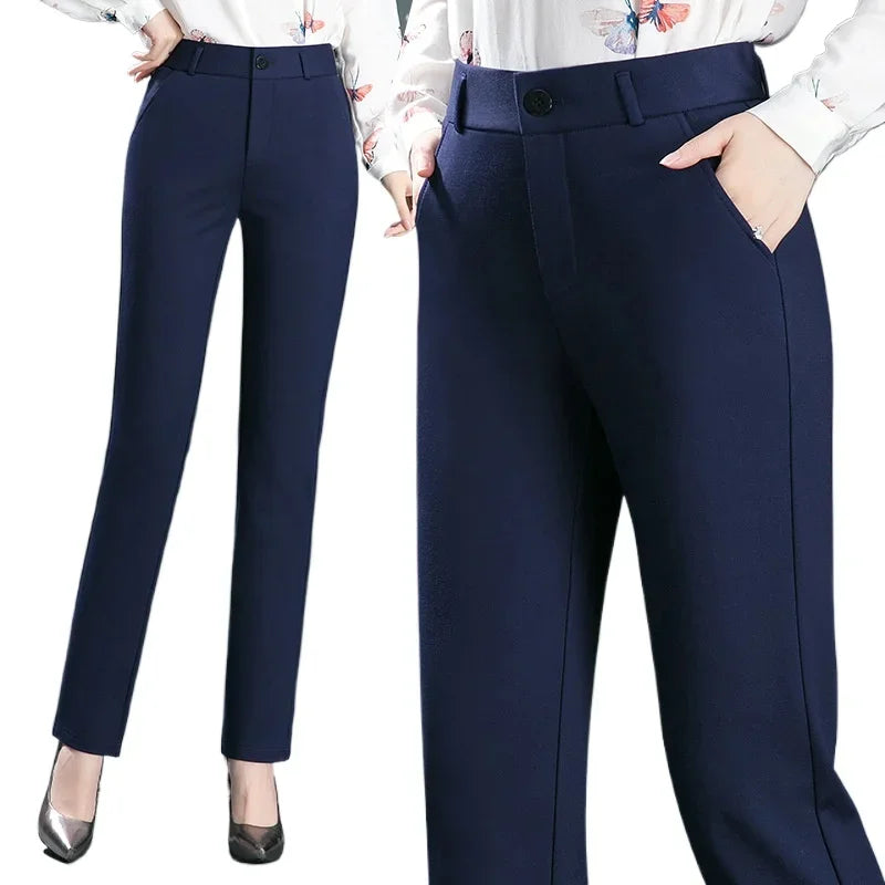 High-Waist Stretch Straight-Leg Casual Trousers