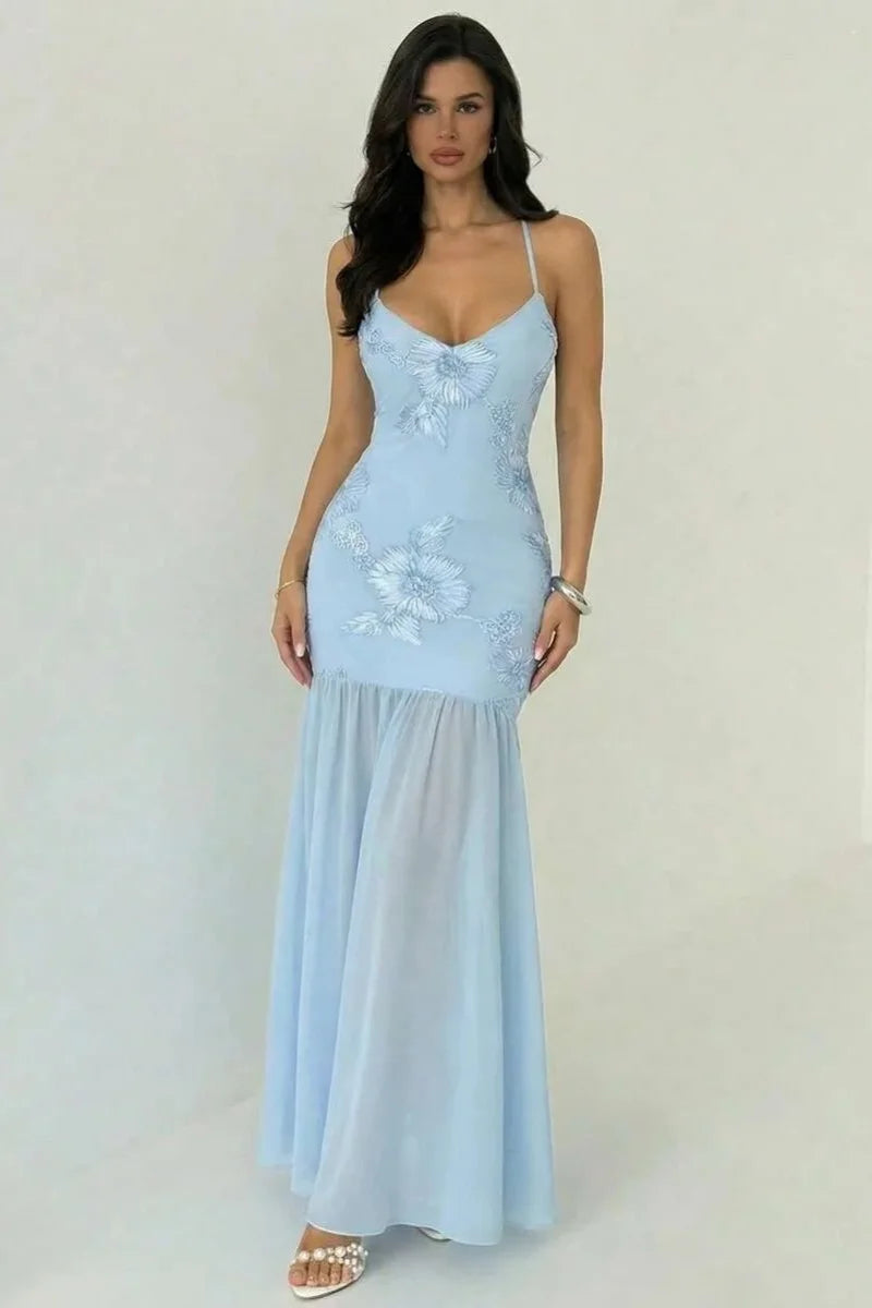 Sky Blue Floral Embroidered Evening Gown