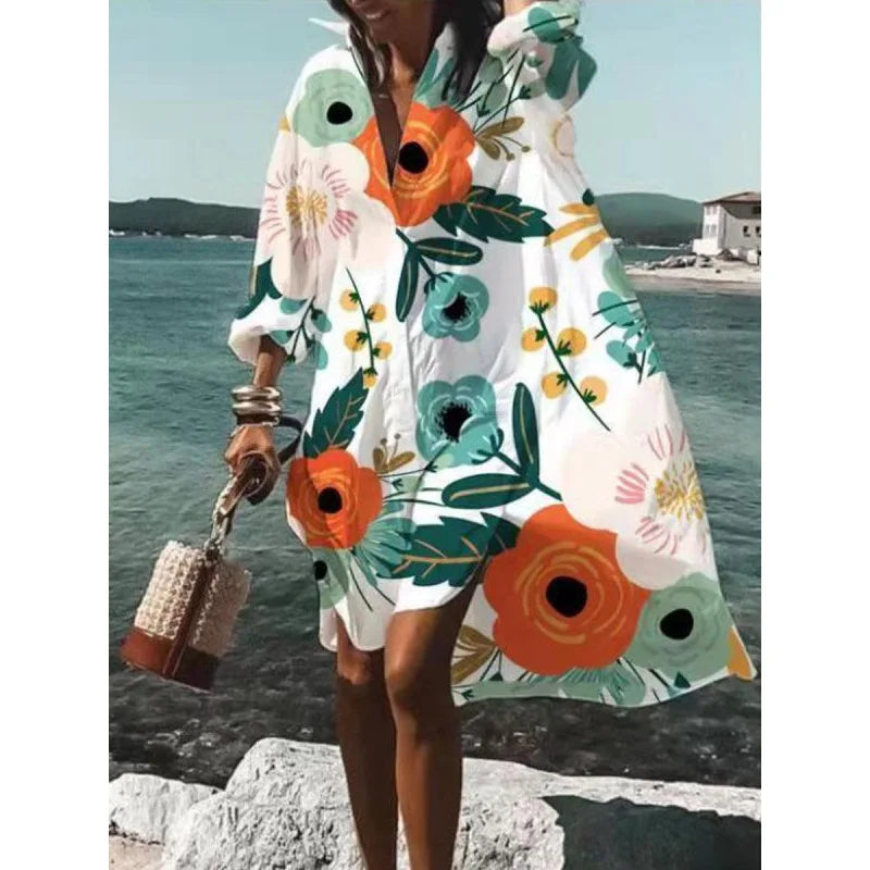 Printed Loose V-Neck Shirt Dress