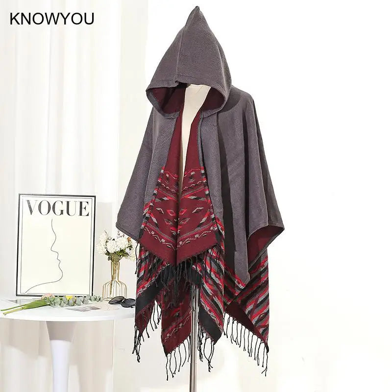 M&T Wear - Winter New Bohemian Shawl Men Ponchos Cashmere Blend Cape Coat Fringe Poncho Vintage Tassel Scarf Hooded Wraps Outwear - M&T Wear