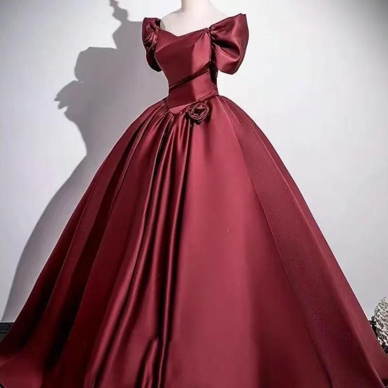 Wine Red Elegant One-Shoulder Evening Gown