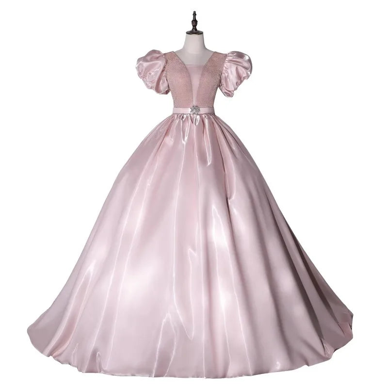 Princess Sleeve Satin & Mesh Evening Gown
