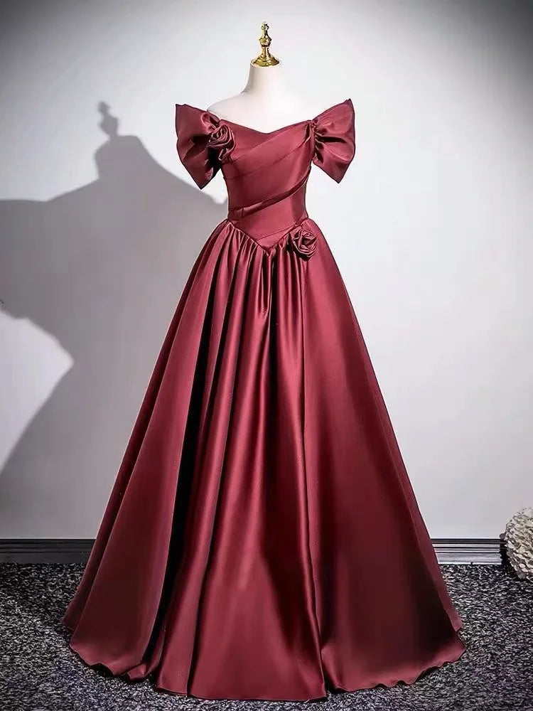 Wine Red Elegant One-Shoulder Evening Gown