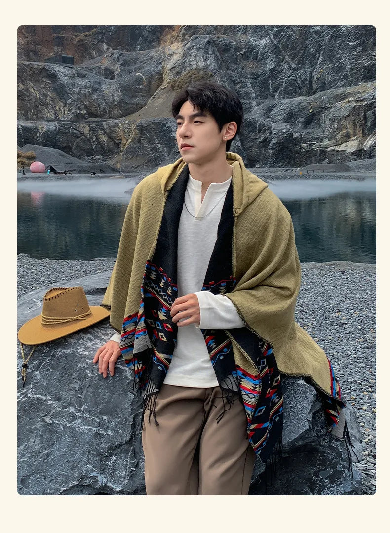 M&T Wear - Winter New Bohemian Shawl Men Ponchos Cashmere Blend Cape Coat Fringe Poncho Vintage Tassel Scarf Hooded Wraps Outwear - M&T Wear