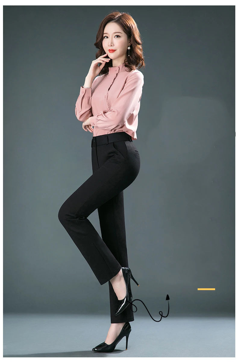 High-Waist Stretch Straight-Leg Casual Trousers