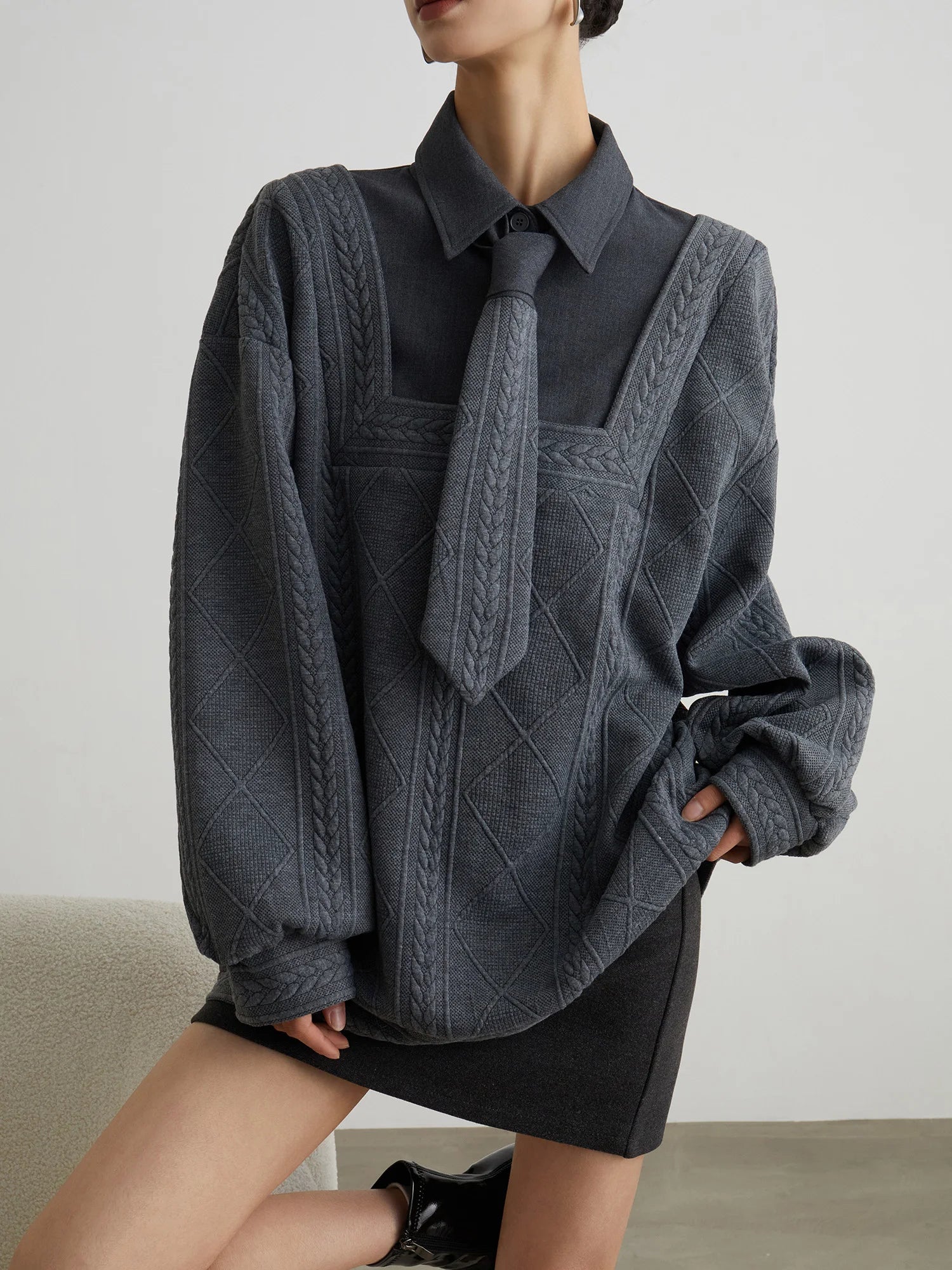 Gray Fake Two-Piece Polo Sweater