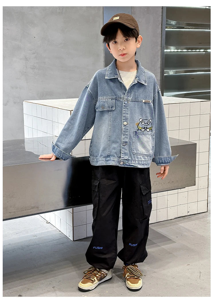 M&T Wear - Kids Denim Jacket Boys Jeans Coat Clothing Fashion Baby Boy Denim Jacket With Cartoon Embroidery Child Casual Streetwear Outfit - M&T Wear