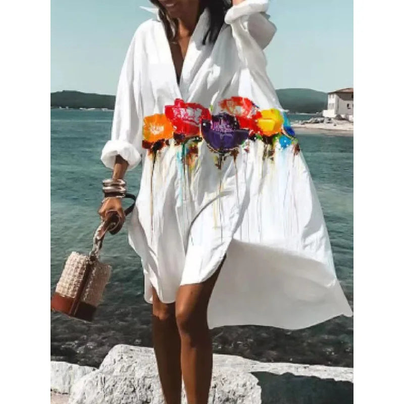 Printed Loose V-Neck Shirt Dress