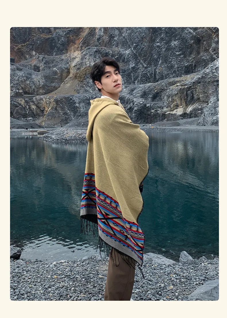M&T Wear - Winter New Bohemian Shawl Men Ponchos Cashmere Blend Cape Coat Fringe Poncho Vintage Tassel Scarf Hooded Wraps Outwear - M&T Wear