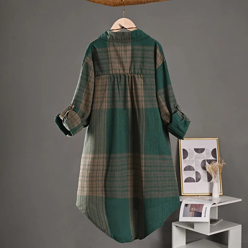 Elegant Checkered Cotton-Linen Blouse