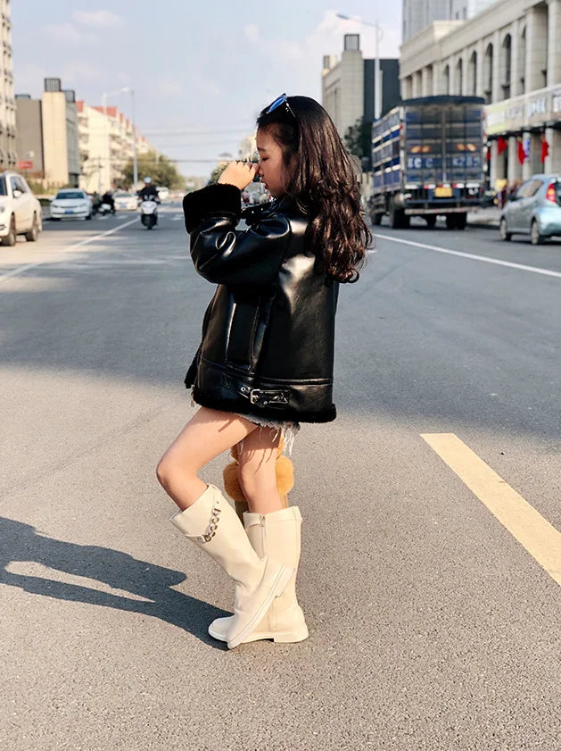 M&T Wear - Girls Jacket Leather Motorcycle Kids Coats Fleece Children Jacket Winter Autumn - M&T Wear