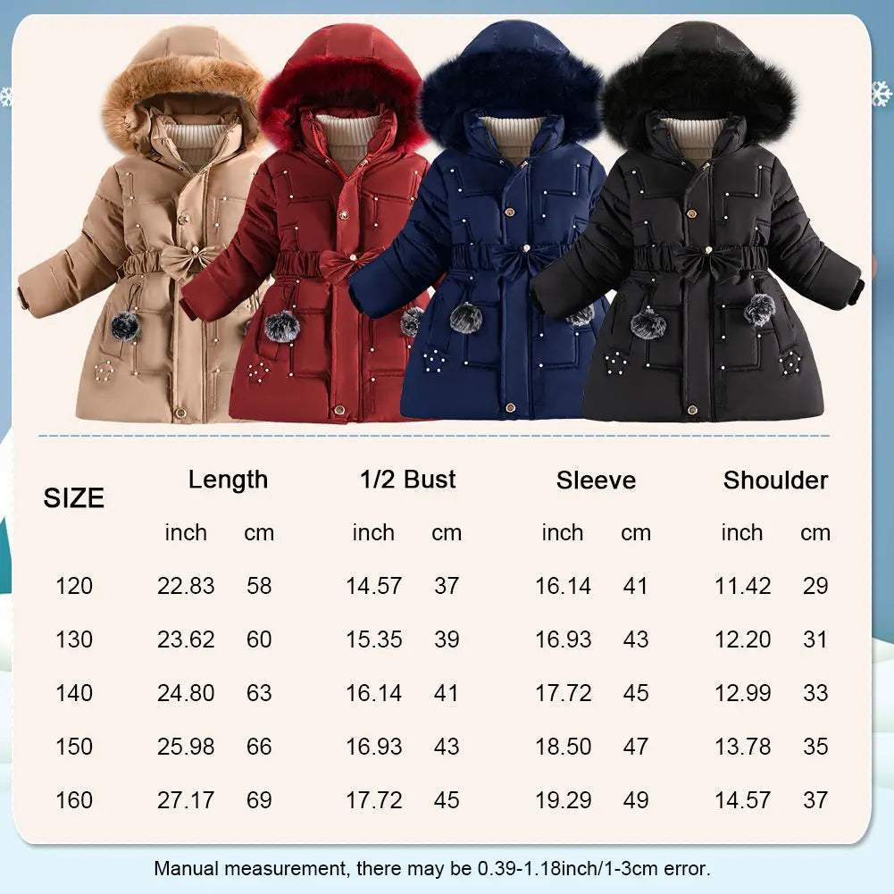 M&T Wear - Children's Winter Jacket Thick Warm Fur Collar Hood Beads Elastic Waist Teens Girls Down Coat,Fashion Windproof Kids Overcoat - M&T Wear