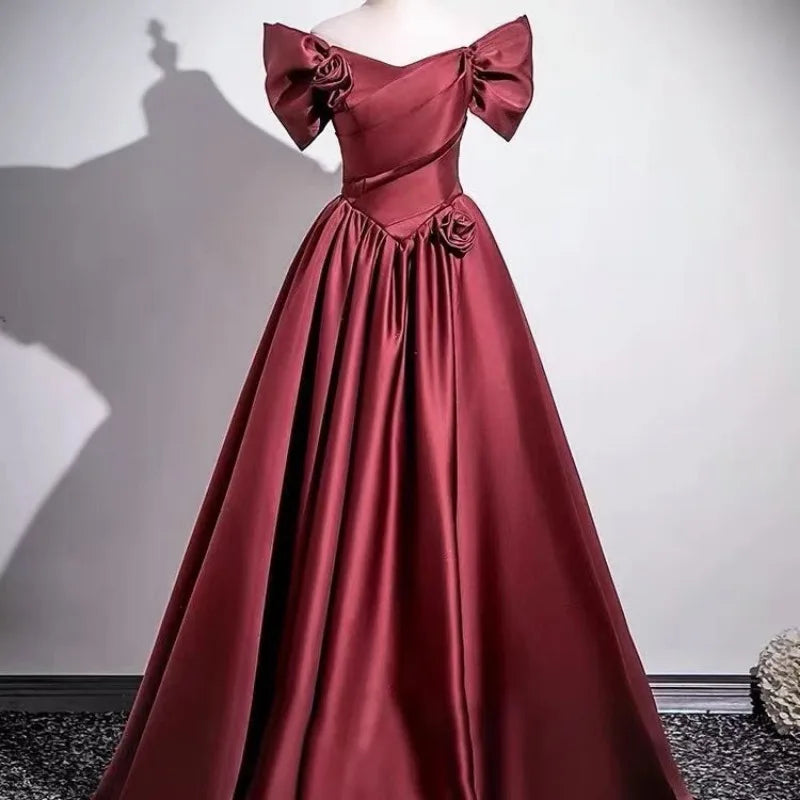 Wine Red Elegant One-Shoulder Evening Gown